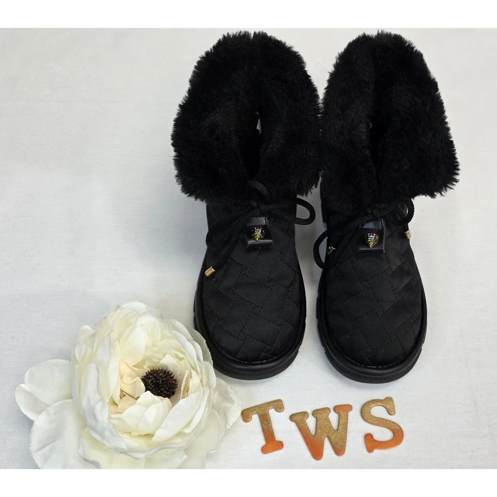 Kurt Geiger Mini Orson Puffer Bootie Black Quilted Faux Fur Winter Boots Kids 34